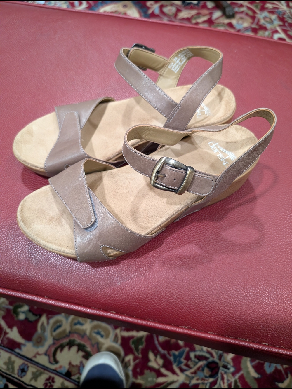 Dansko Taupe Leather Wedge Sandals with Buckle